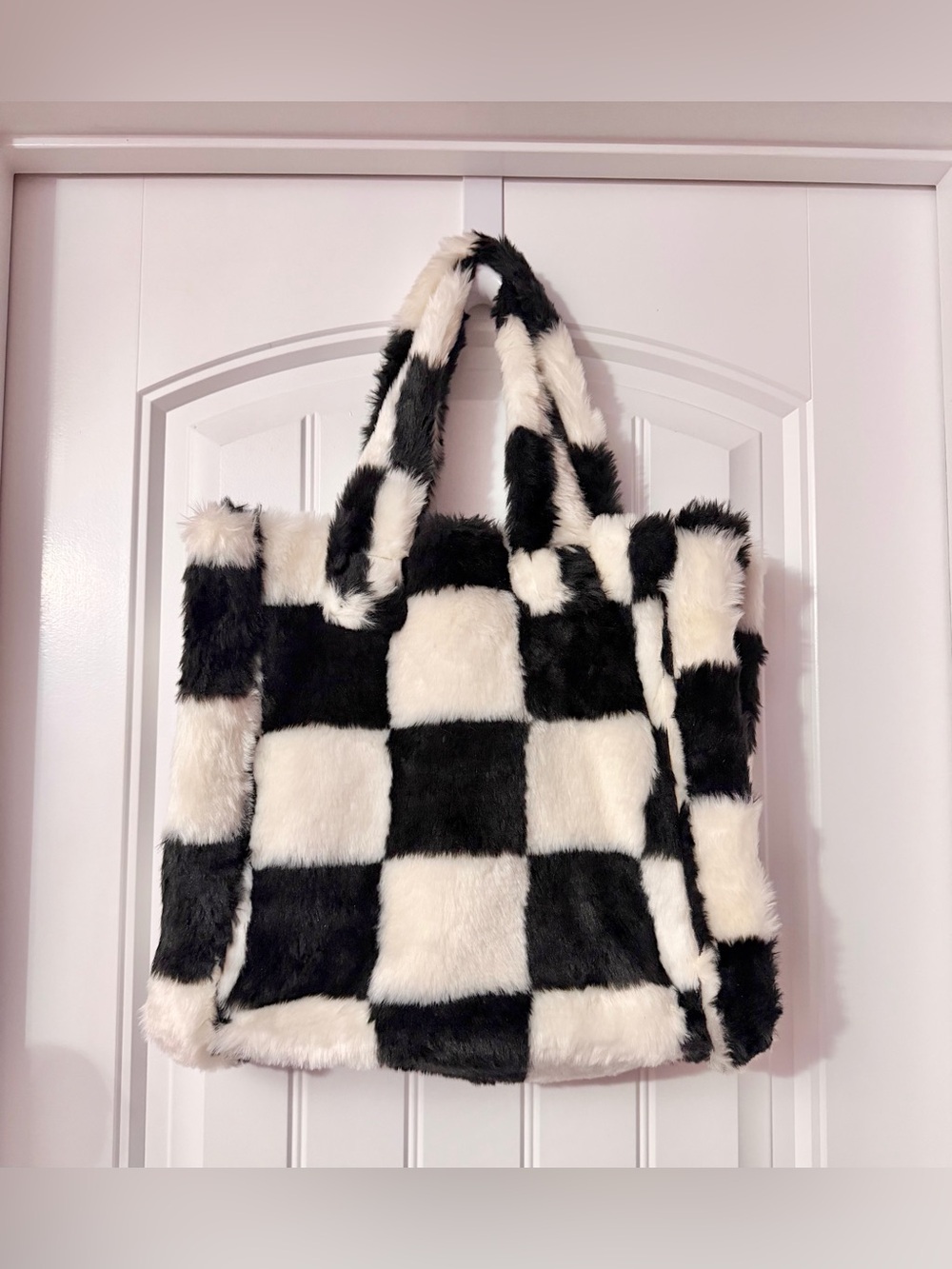Black & White Faux Fur Checkered Print Tote Bag